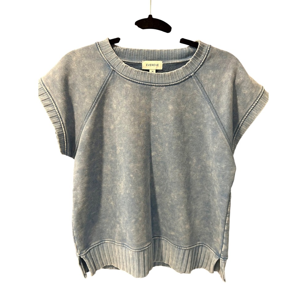 Evereve Blue Acid Wash Short Sleeve Sweatshirt Ribbed Trim Crew Neck Medium